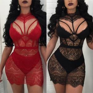 Mini Red/black Summer Lace Dress high Waist Sexy See Through Hollow Out package BLACK RED